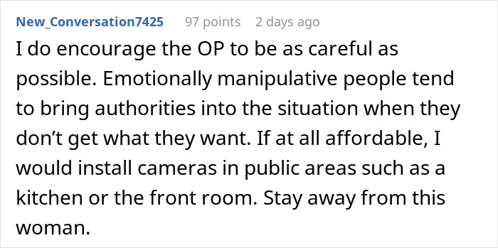 Comment about man inherits house and tenant feeling terrified with advice to install cameras and avoid the woman.