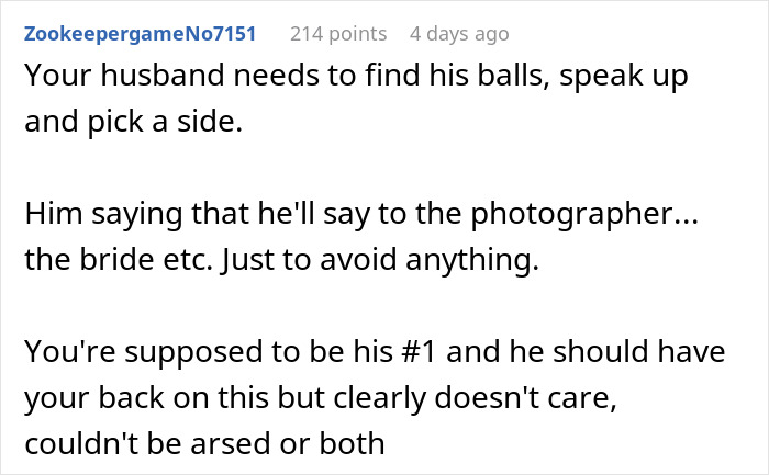 Comment discussing bride wanting to exclude best man from photos due to his outfit in stereotypical American wedding context.