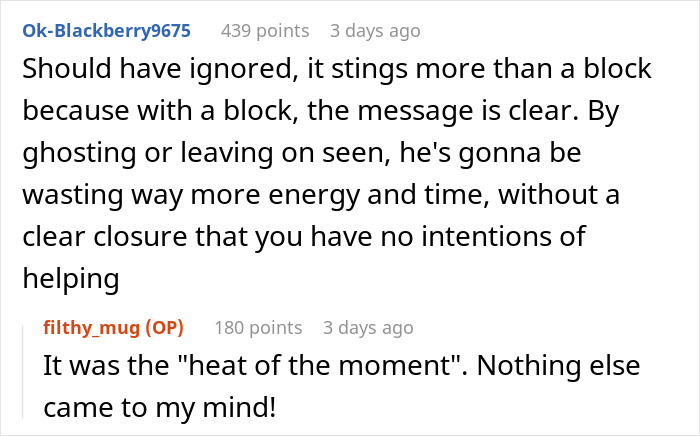 Online discussion about a worker ignoring career advice, becoming helpful when jobless, and then getting blocked.