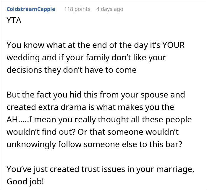 Screenshot of a Reddit comment discussing trust issues after secretly selling alcohol at a dry wedding to cover costs.