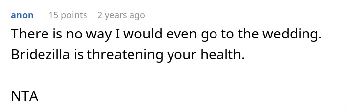 Screenshot of a comment about a woman refusing to risk her health for sister&rsquo;s wedding photo, upsetting the family.
