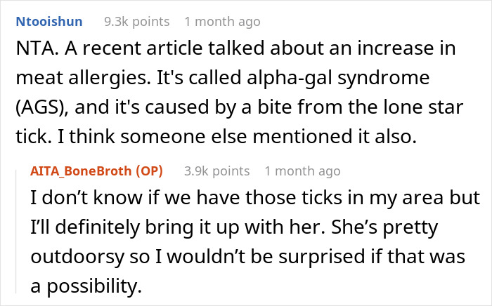 Screenshot of a discussion about bone broth and meat allergies, including mention of alpha-gal syndrome from tick bites.