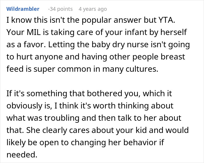 Comment discussing mother-in-law caught trying to breastfeed baby she was watching, with mom furious about the situation.