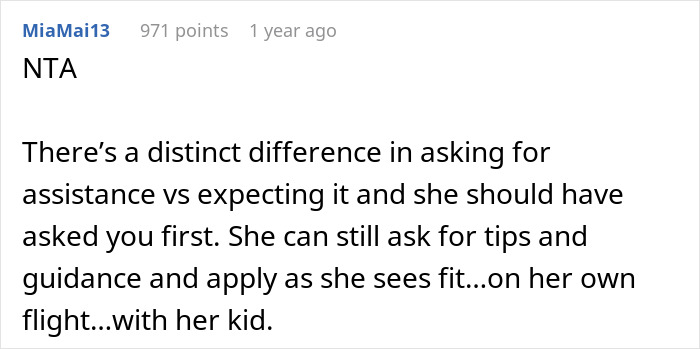 Screenshot of a Reddit comment discussing rebooking a flight to avoid babysitting a niece in an online AITA thread. Screenshot of a Reddit comment discussing rebooking a flight to avoid babysitting a niece in an online AITA thread.