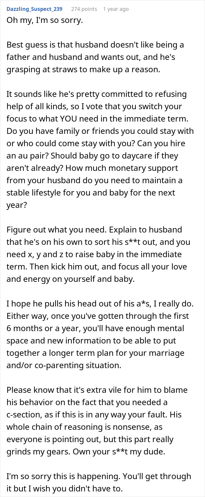 Comment discussing a man who can't bond with daughter due to cesarean birth and demands divorce, offering advice to mother.