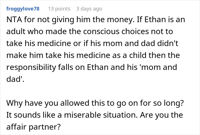 Comment discussing responsibility and feelings about paying for a stepson’s surgery in a family-related conflict. Comment discussing responsibility and feelings about paying for a stepson’s surgery in a family-related conflict.