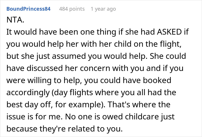 Reddit user explains rebooking a flight to avoid babysitting niece, emphasizing no obligation for family childcare on trips. Reddit user explains rebooking a flight to avoid babysitting niece, emphasizing no obligation for family childcare on trips.
