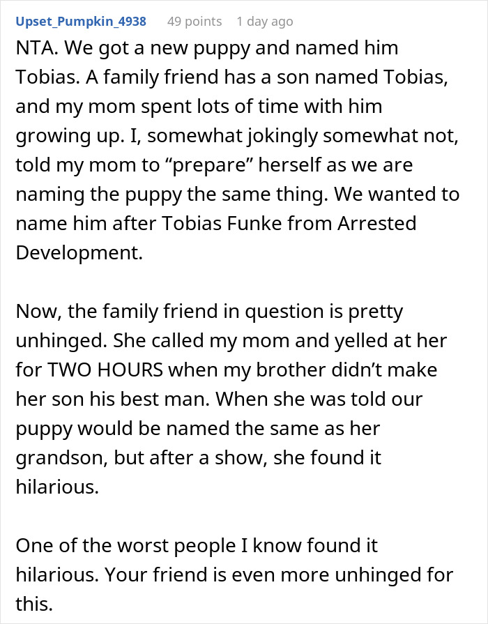 Comment discussing a friend who claims a cat name is the same as a newborn's, causing family tension and humor. Comment discussing a friend who claims a cat name is the same as a newborn's, causing family tension and humor.