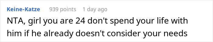 Comment reading NTA advising a 24-year-old woman not to stay with a partner who ignores her needs after loud MrBeast videos conflict. Comment reading NTA advising a 24-year-old woman not to stay with a partner who ignores her needs after loud MrBeast videos conflict.