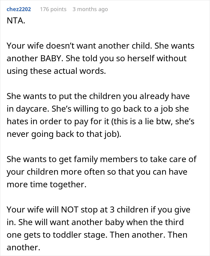 Comment discussing a wife obsessed with having more kids and the impact on marriage and family decisions. Comment discussing a wife obsessed with having more kids and the impact on marriage and family decisions.