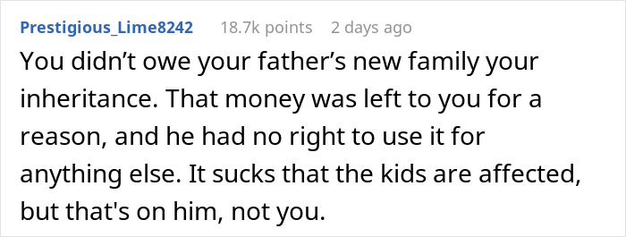 Reddit comment about woman confronting dad over stolen $100K inheritance, leaving him broke and feeling no guilt.
