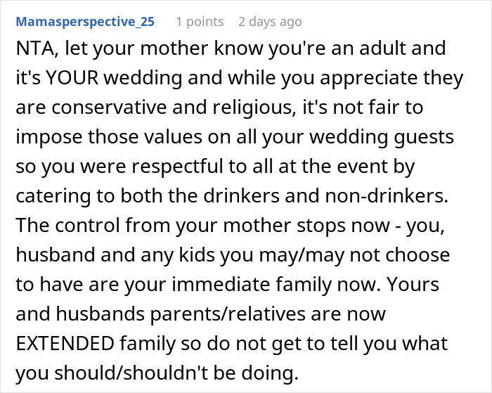 Comment discussing respecting guests and balancing drinkers and non-drinkers at a dry wedding with alcohol sales.