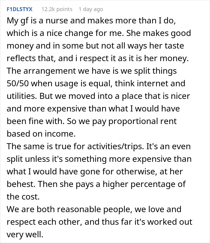 Screenshot of a Reddit post discussing a boyfriend refusing to let his girlfriend move in without splitting expenses 50/50. Screenshot of a Reddit post discussing a boyfriend refusing to let his girlfriend move in without splitting expenses 50/50.