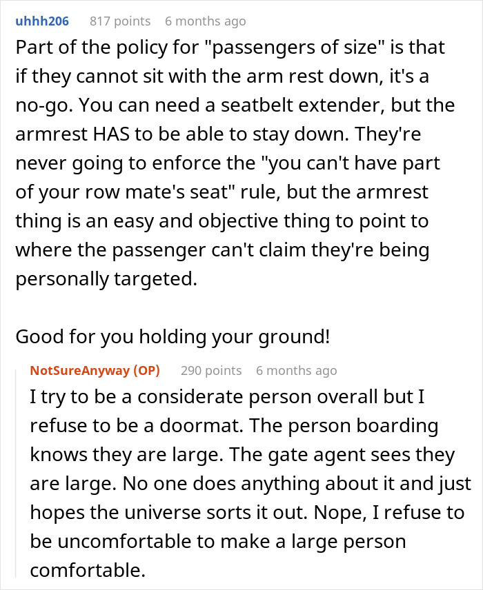 Forum discussion about airline armrest policies for passengers of size, with comments on considerate behavior and seat comfort.