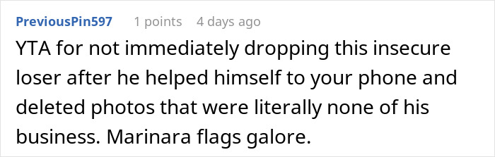 Screenshot of an online comment debating micro-cheating after a guy finds an old photo of another man on his girlfriend&rsquo;s chest.