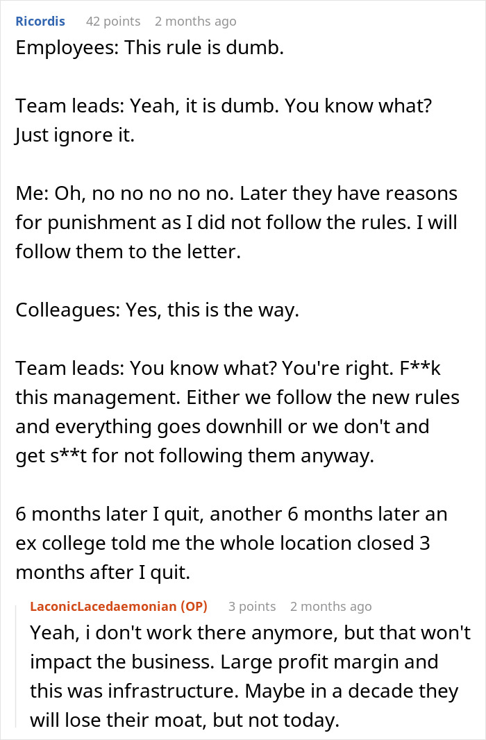 Workplace conversation depicting employee following unworkable deployment rule strictly, forcing management to rethink policy.