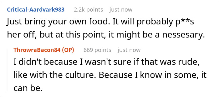 Screenshot of an online conversation discussing family habits of putting bacon in everything despite cultural dietary restrictions.