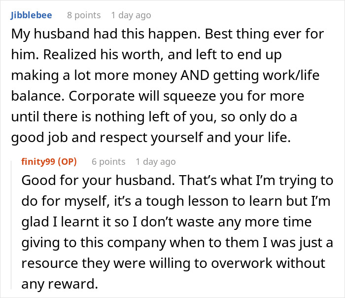 Screenshot of a Reddit conversation discussing working 30 hours overtime and the impact on employee work-life balance.