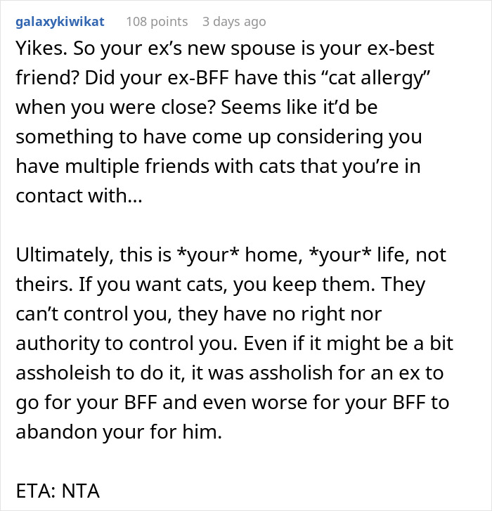 Comment discussing man demanding ex rehomes her cats due to new wife&rsquo;s severe cat allergy and relationship boundaries.