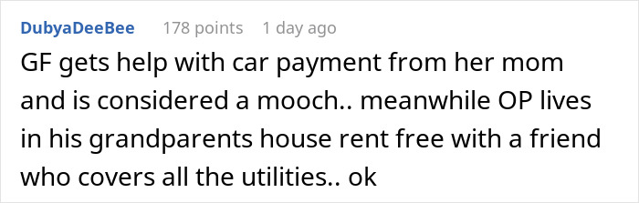 Text post showing a discussion about a furious boyfriend refusing to let his girlfriend move in without splitting expenses 50/50. Text post showing a discussion about a furious boyfriend refusing to let his girlfriend move in without splitting expenses 50/50.