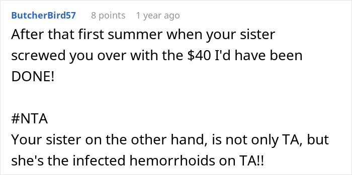 Comment expressing frustration over sibling refusing to babysit child all summer for free and causing family conflict.