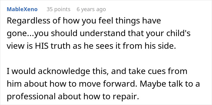 Comment advising parents to acknowledge their son's feelings and consider professional help after years of neglect and conflict.