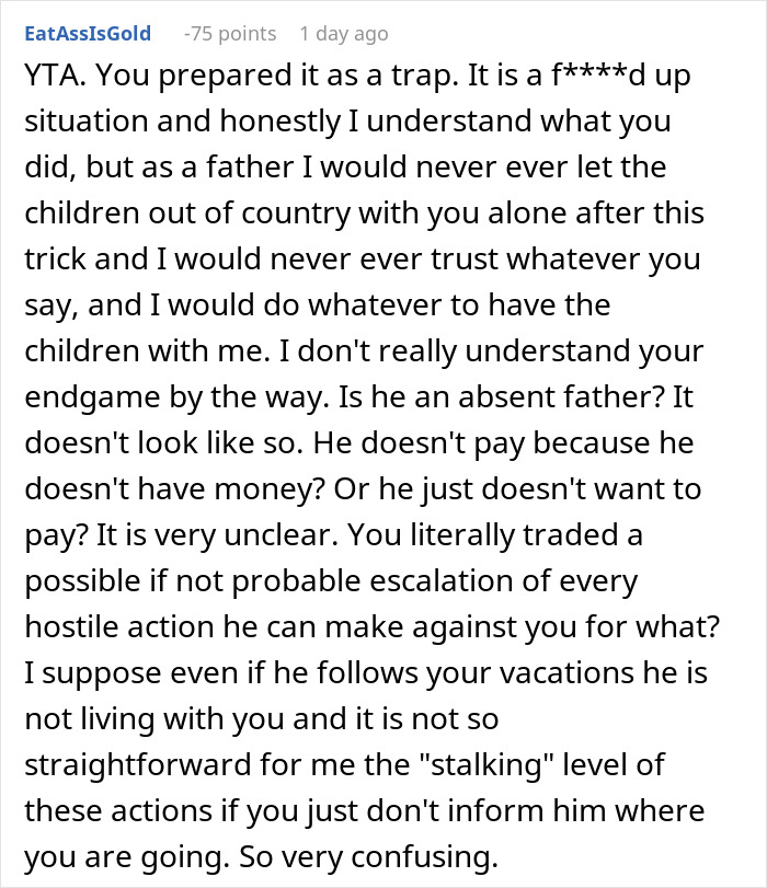 Reddit comment discussing a woman who revokes her deadbeat ex&rsquo;s passport and strands him at the airport.