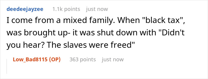 Comment discussing mixed family and black tax in relation to teacher paying family&rsquo;s bills and reactions received.