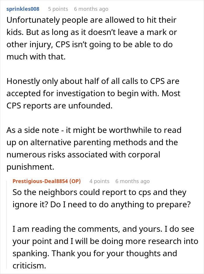 Reddit comments discussing CPS response and child protection issues related to animal control and neighbor disputes.