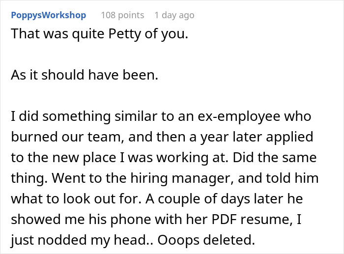 Comment about guy ghosting friend after divorce and later job referral, sharing a similar personal experience with an ex-employee.