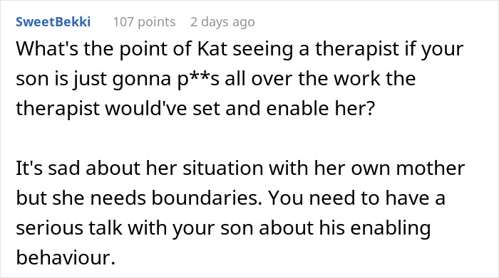 Comment discussing relationship boundaries between daughter-in-law and mother-in-law in family conflict context.