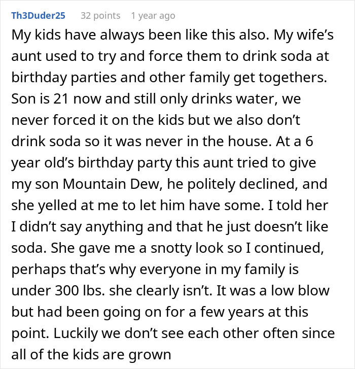 Comment discussing boomer relatives undermining kids&rsquo; healthy habits by pushing soda and candies at family events.