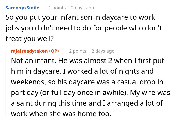 Screenshot of a forum discussion about daycare arrangements and work schedules with users debating childcare needs.