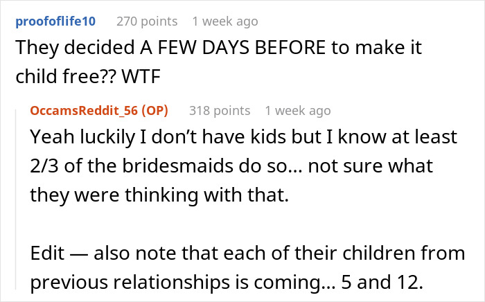Reddit conversation discussing last minute wedding date change and the child free decision, highlighting date changed last minute wedding shaming.