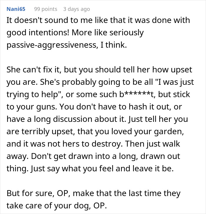 Comment discussing woman upset after MIL landscaped her garden without permission, showing passive-aggressive behavior advice.