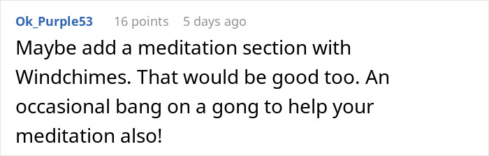 Comment suggesting adding meditation section with windchimes and gong for better meditation experience in online discussion. Comment suggesting adding meditation section with windchimes and gong for better meditation experience in online discussion.