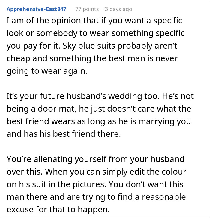 Bride wants to exclude best man from wedding photos due to his outfit, sparking discussion on stereotypical American expectations.