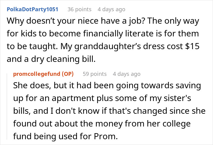 Comments discussing niece’s college fund being used for prom expenses without permission. Comments discussing niece’s college fund being used for prom expenses without permission.