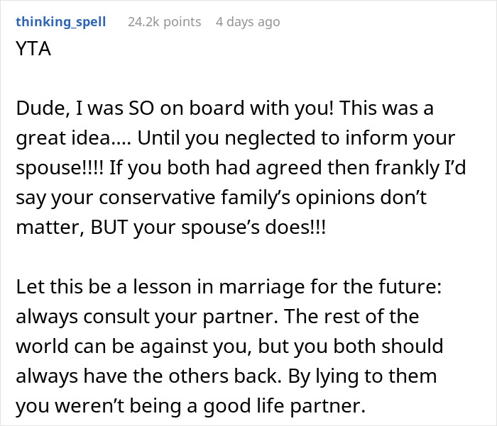 Reddit comment discussing secretly selling alcohol at a dry wedding and the importance of consulting your spouse.