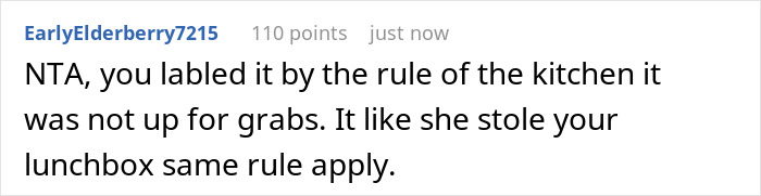 Comment text on a forum discussing a coworker tea thief at work, explaining kitchen rules and lunchbox analogy. Comment text on a forum discussing a coworker tea thief at work, explaining kitchen rules and lunchbox analogy.