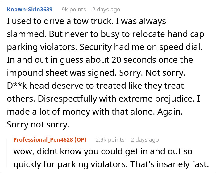 Comment thread discussing quick towing of a Porsche parked across three handicap spots and blaming a raccoon.
