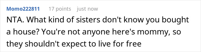 Comment expressing disbelief about sisters not knowing woman secretly owns the house, sharing opinions on living arrangements.
