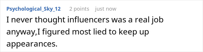 Text comment about influencer marketing coworker living a lie, highlighting deception and keeping up appearances online.