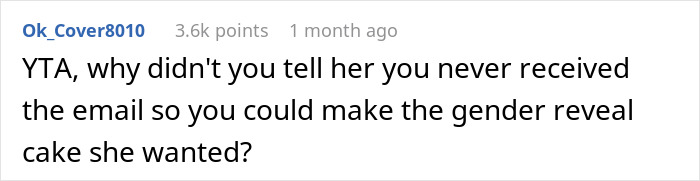 Comment on a forum post discussing a gender reveal party, mentioning issues with the gray cake and the pregnant sister&rsquo;s role.