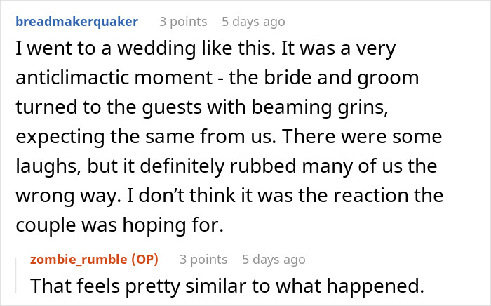 Screenshot of a forum conversation discussing wedding guests shocked and confused after couple reveals they eloped. Screenshot of a forum conversation discussing wedding guests shocked and confused after couple reveals they eloped.