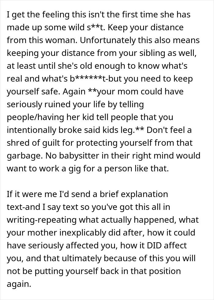 Text from a woman refusing to watch her sister again after family claims she broke her leg, emphasizing self-protection and boundaries.