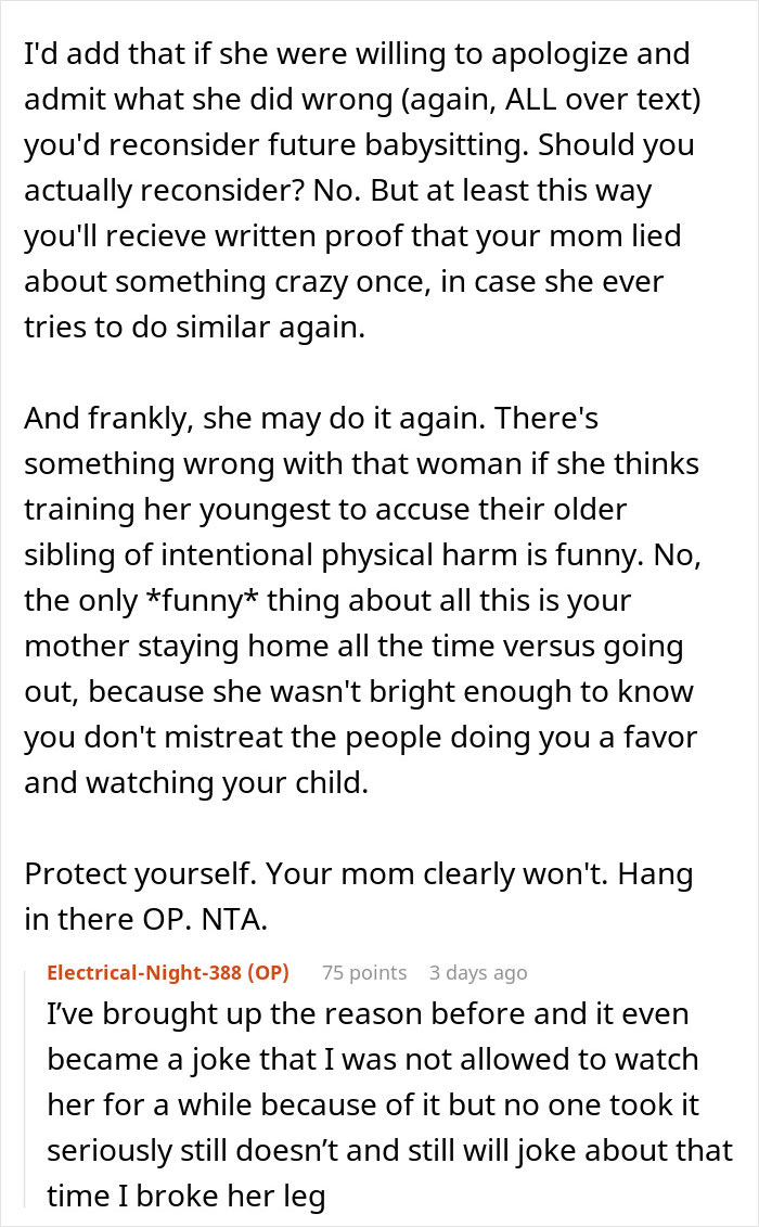 Text conversation discussing a woman refusing to watch her sister after family claims she broke her leg during babysitting.
