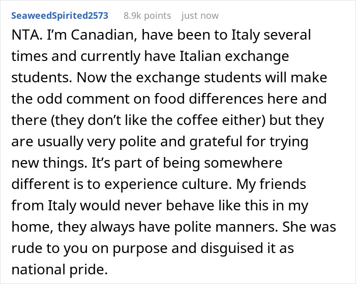 Comment discussing hosting Italian friend, cultural food differences, and polite reactions to spices and coffee habits.