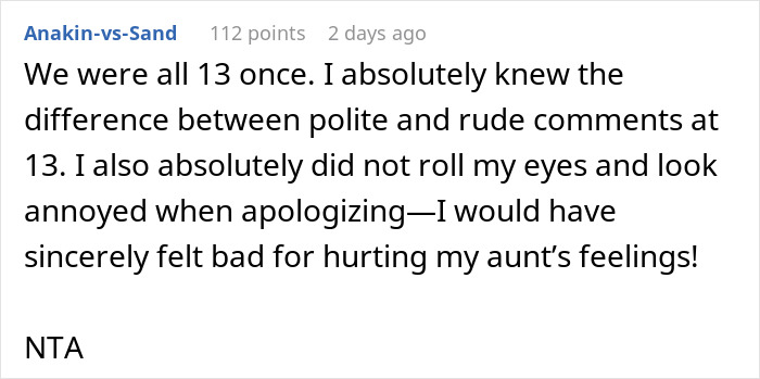 Text comment discussing a teen niece calling aunt fat and ugly, then throwing a fit when shopping trip is canceled.