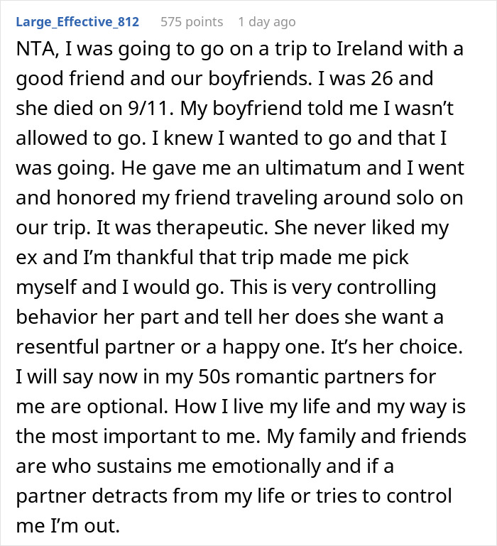 Comment text from a user describing a personal trip story related to controlling behavior and emotional well-being.